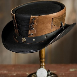 Handcrafted Black & Brown Leather Top Hat Steampunk Top Hat Corset Style / Gothic Style Halloween Top Hat Gifts For Him , Gift For Men