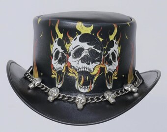 Cappello a cilindro in pelle fatto a mano – Teschio e fuoco in stile steampunk