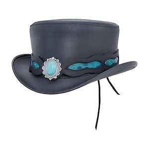 Black Leather Top Hat Handcrafted Top Hat Stone Band Victorian Hat / Steampunk Top Hat -  Halloween Hat Gifts For Women