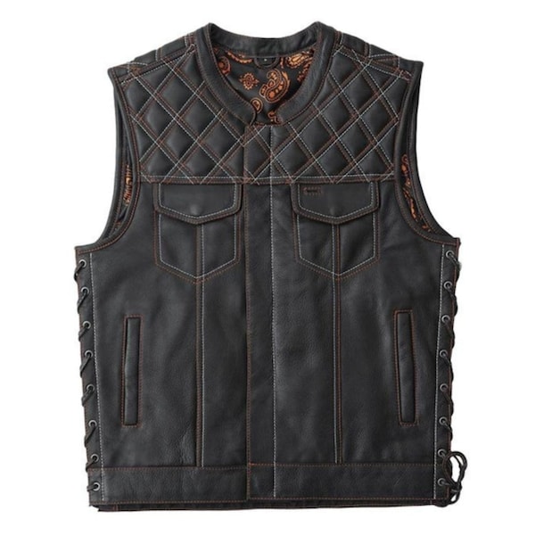 Gilet en cuir pour hommes, Hunt Club, gilet de motard en cuir matelassé diamant Jack Builder, coutures contrastées