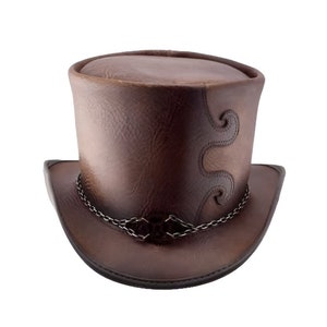 Brown Leather Hat Handcrafted Top Hat Chain Style Band Gothic Hat / Steampunk Top Hat Hat Gifts For Him , Gift For Men