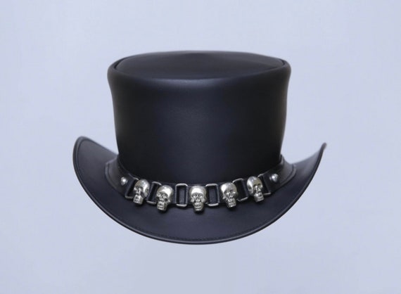 Hand Made Top Hat El Dorado Top Hat Five Skulls Band Steampunk Black Leather Top Hat Biker Motorcycle Rider Gothic Hat Vintage Black Top Hat