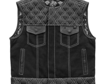 Handgemaakt leren denim biker vest voor heren, ruitvormig doorgestikt