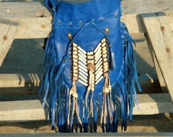 Bolso bandolera de piel azul con flecos, bolso de vaquera del oeste.