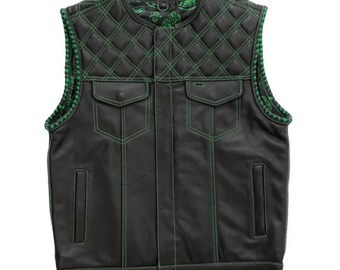 Men's Quilted Leather Motorcycle Vest, Green Stitching, Paisley Liner