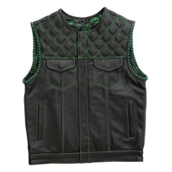 Leather Vest ,Men Hunt Club Leather Vest Green Diamond Quilted Black Paisley Leather Builder Denim Style Rider Motorcycle Leather Bike Vest