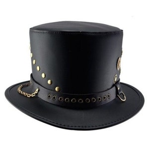 Black Leather Top Hat Handcrafted top Hat Silver Ring Style Band Steampunk Top hat / Gothic Style Hat Gifts For Men , Gifts For Him