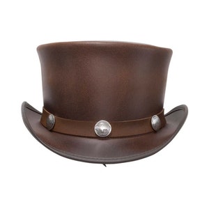 Leather Top Hat - Buffalo Band With Bull Buttons - Handmade Steampunk Cowhide Leather - Memorial Accessories Hat Gifts For Her Gifts For Him
