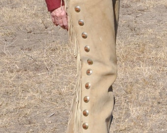 Handmade Cowboy Buck Skin Suede Leather Pant Rodeo Chap Mountain Men Western Beige Suede Chap , Horse Gifts for Men