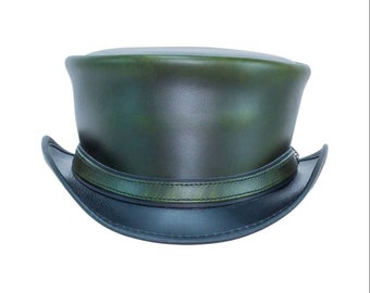 Green Leather Top Hat - Steampunk Gothic Biker Hat