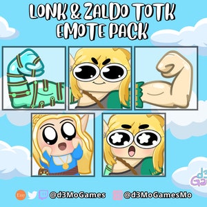 Op de afbeelding: Een digitaal kunst Emote Pack getiteld "LONK & ZALDO TOTK EMOTE PACK" met illustraties van stripfiguren. Het pack bevat verschillende emotes met verschillende uitdrukkingen en poses, zoals het buigen van armen en verraste gezichten. De achtergrond is een lichtblauwe lucht met witte wolken.