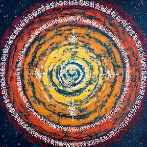 May include: Abstract painting of a spiral galaxy with concentric rings of orange, yellow, and red hues. White script encircles the galaxy, with white cross-like symbols. The background is a dark blue, speckled with white dots.