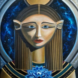 Impresión artística de Hathor, diosa egipcia del cielo, el amor y la música, arte egipcio, impresión Giclée de alta calidad de obra de arte original, arte espiritual