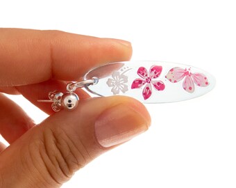 Beach Stud Earrings. Paddle Cool Surf Earrings Dangle. Transparent Surfboard Jewelry Ocean Themed. Surfer Girl Gift Hawaiian Hibiscus Style