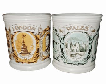 Set di 2 tazze souvenir vintage Denby London Wales Inghilterra Gran Bretagna