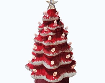 Rood-witte keramische oplichtende kerstboom heldere stertopper batterijtimermodel