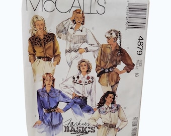 Molde de costura vintage McCall's 4879 para camisa estilo western feminina, tamanho 16 (EUA), de 1990.