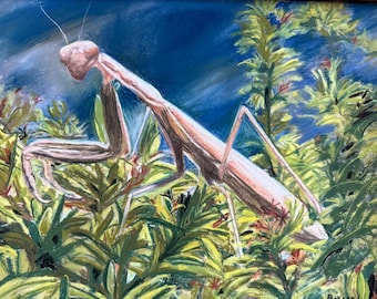 森林火災に遭遇したカマキリ、オリジナルの油絵または版画、リアルな