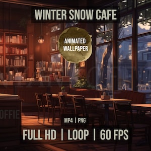 Puede incluir: Fondo de pantalla animado que muestra un acogedor café con una gran ventana que da a una calle nevada. El café tiene mesas y sillas de madera, una barra y estantes llenos de libros. El texto "WINTER SNOW CAFE" y "ANIMATED WALLPAPER" se muestra en la imagen.