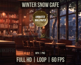 Puede incluir: Fondo de pantalla animado que muestra un acogedor café con una gran ventana que da a una calle nevada. El café tiene mesas y sillas de madera, una barra y estantes llenos de libros. El texto "WINTER SNOW CAFE" y "ANIMATED WALLPAPER" se muestra en la imagen.