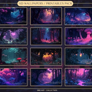 Peut inclure: Un ensemble de fonds d'écran HD et d'imprimables présentant des scènes de forêt oniriques. Chaque image présente un paysage unique et vibrant avec des champignons lumineux, des sentiers et des arbres dans des tons de violet, de bleu et de rose. Le texte "Nyankoffie" est visible.
