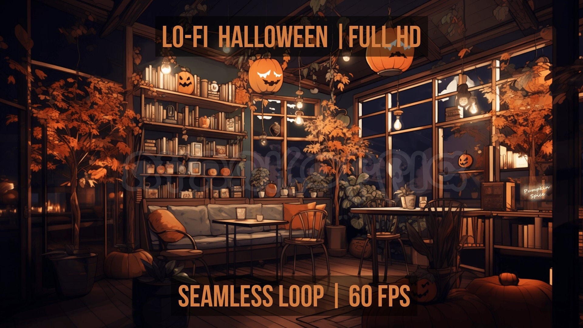 Animated Halloween Cafe Lofi Style Background Wallpaper for Montage