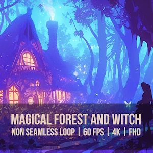 Pacchetto di sfondi animati con foresta magica al neon scuro e strega in loop / 4K / Full HD / 60 FPS / Halloween