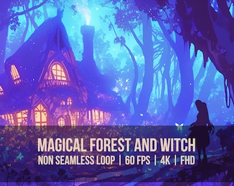 May include: A digital illustration of a magical forest at night with a witch standing in front of a glowing cottage. The forest is filled with trees and purple and blue light. The cottage has a tall chimney and windows with warm light shining out. The witch is wearing a long dress and has long hair. The image is titled "Magical Forest and Witch" and includes the text "Non Seamless Loop | 60 FPS | 4K | FHD".