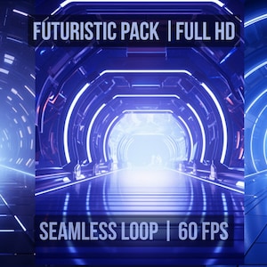 Puede incluir: Tres fondos de túnel futurista, azul y blanco, brillantes, de neón, de ciencia ficción. El texto "FUTURISTIC PACK | FULL HD" y "SEAMLESS LOOP | 60 FPS" es visible en la imagen.
