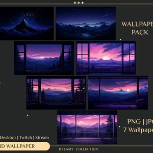 Könnte beinhalten: Ein Set aus sieben digitalen Hintergrundbildern mit verträumten Landschaften mit Bergen, Wäldern und Sonnenuntergängen. Die Hintergrundbilder sind in den Formaten PNG und JPG verfügbar. Der Text "WALLPAPER PACK" und "DREAMY COLLECTION" ist im Bild sichtbar.