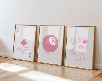 Pink Ace Card Wall Decor, Retro Playing Card Wall Art, Inspiring Quote Poster, Trendy Preppy Room Decor, Ace of Cards Print, 8 Ball Poster