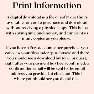 May include: Text explaining how digital downloads work on Etsy. It says that a digital download is a file or software that can be purchased and downloaded without receiving a physical copy. It also explains that buyers can view their files under "purchases" and that a confirmation email will be sent to the email address provided at checkout.