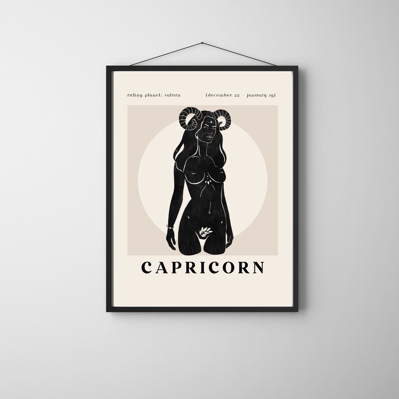 May include: A black and white illustration of a woman with horns, representing the zodiac sign Capricorn. The text "ruling planet: saturn (december 22 - january 19)" and "CAPRICORN" are also included in the image.