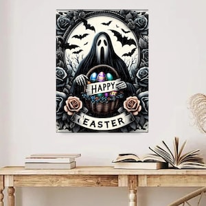 Cartello in metallo con scritta "Buona Pasqua" e decorazione murale gotica spettrale per Pasqua