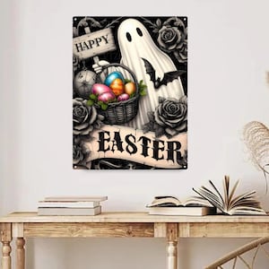 Happy Easter Ghost Metal Sign Spooky Gothic Easterween Wall Art Decor