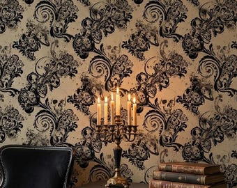 Carta da parati autoadesiva con teschi gotici vintage e decorazioni elaborate, stile vittoriano dark academia per pareti d'accento, decorazione per la casa autoadesiva e rimovibile.