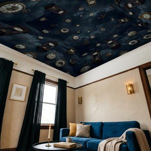 May include: A living room with a dark blue ceiling featuring a pattern of clocks against a cloudy sky. The room has a blue sofa, black curtains, and a round black coffee table. The walls are beige, and there is a framed picture on the wall.