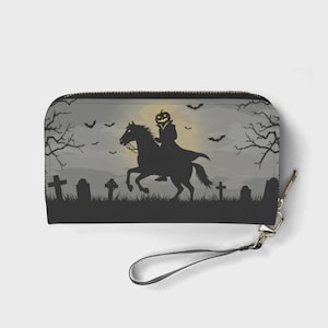 Cartera de jinete sin cabeza con cabeza de calabaza Cartera gótica espeluznante con correa de muñeca extraíble Accesorios de Halloween Cartera de Halloween
