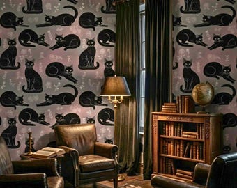 Stimmungsvolle schwarze Katzen und Blumenmuster zum Abziehen und Aufkleben, Gothic Wanddekor, selbstklebende gotische Tapete, stimmungsvolle Katzentapete
