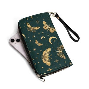 Cartera de piel Mystical Moths con correa de muñeca extraíble