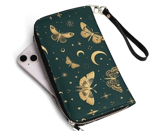 Mystical Moths Leather Wallet with Removable Wrist Strap