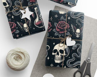 Papel de regalo para botellas de pociones, serpientes, calaveras, rosas, estilo gótico espeluznante, para Halloween y Navidad.