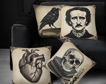 Edgar Allan Poe Pillow Case Set, Gothic Raven Throw Pillow Cover Set, Dark Academia Home Decor, Halloween Throw Pillows