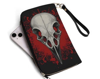 Cartera de calavera de cuervo, gótica y espeluznante, con correa de muñeca extraíble, estilo macabro y oscuro.