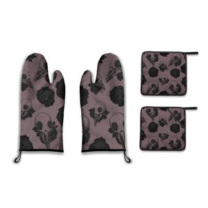 Raven Skulls and Roses Oven Mitt and Pot Holder Set Spooky Gothic Kitchen Accessories