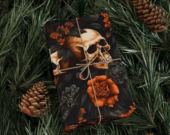 Skulls and Flowers Wrapping Paper Spooky Gothic Floral Skull Gift Wrap Halloween Christmas