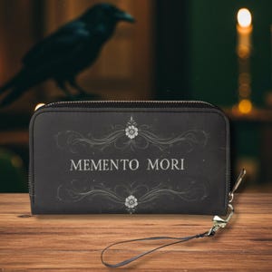 Cartera de cuero Memento Mori, cartera gótica espeluznante con correa de muñeca extraíble, carteras de estética oscura.