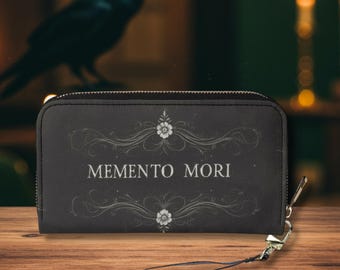 Cartera de cuero Memento Mori, cartera gótica espeluznante con correa de muñeca extraíble, carteras de estética oscura.