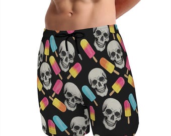 Skulls and Ice Pops Men's Swim Trunks Spooky Summer Swim Shorts Gothic Swimwear Halloween Swim Trunks Summerween Swim Trunks