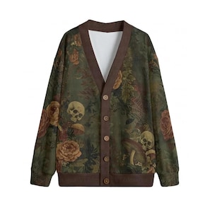 Crânes, roses et champignons, toile d'araignée, cardigan en polaire tricoté à col en V et boutons, cardigan gothique, pull de sorcière, cardigan d'Halloween